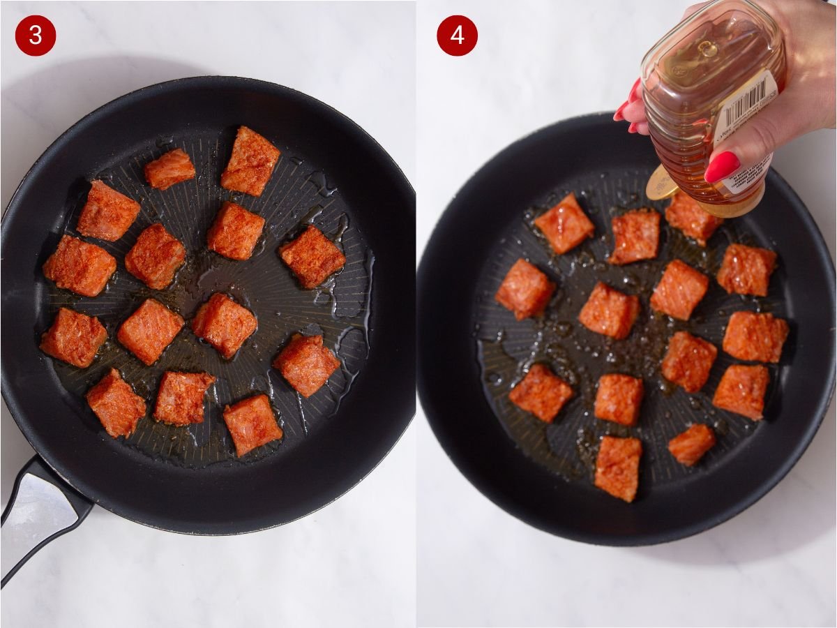 two side by side images with the first showing the spice coated salmon bites in a frying pan with olive oil and the second showing honey being added to the frying pan