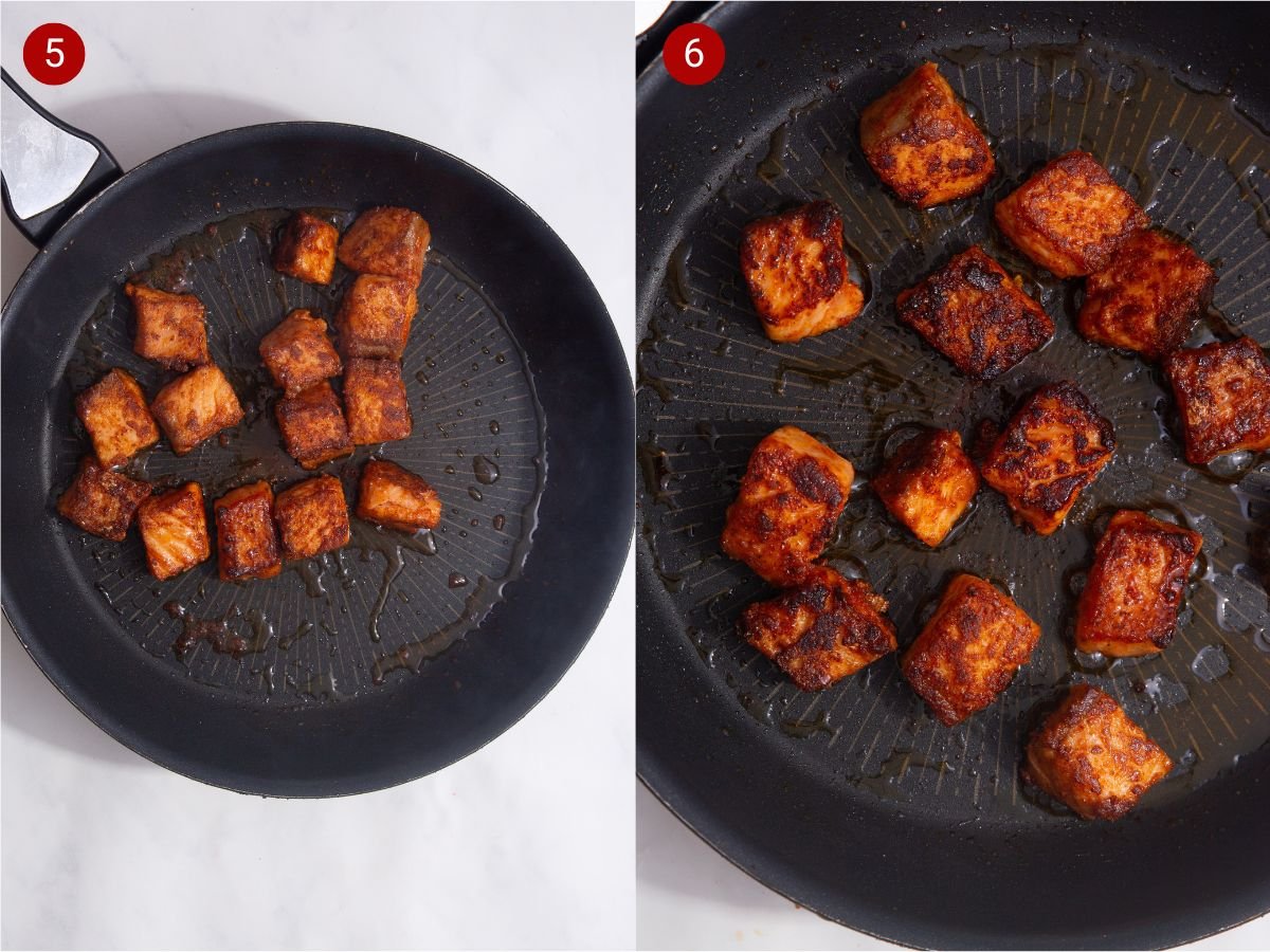 two side by side images with the first showing the salmon bites in frying pan cooking and the second showing the fully cooked pan fried salmon bites in a frying pan with oil