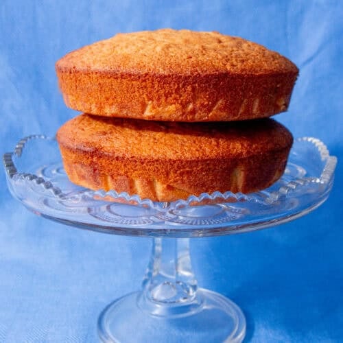two sponge cakes balanced on top of each other and placed on a cake stand.