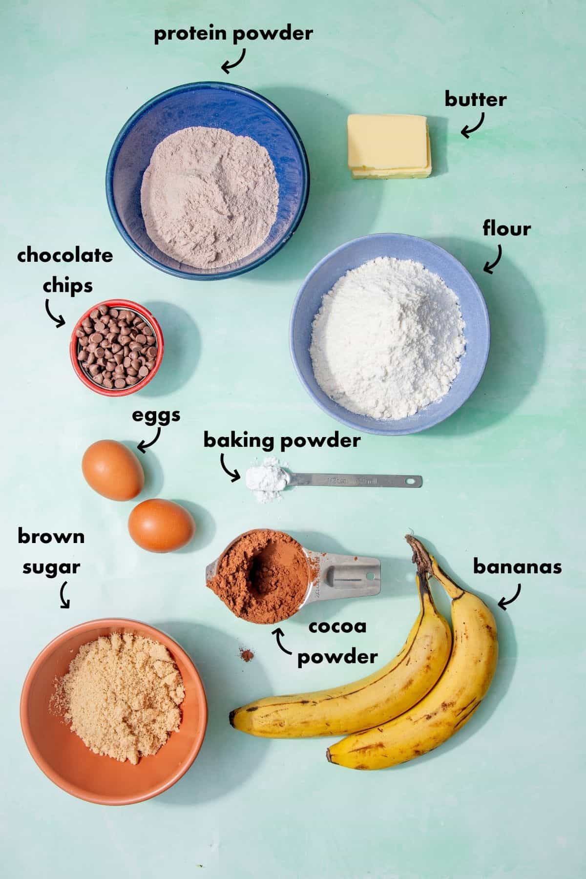 Ingredients for chocolate protein muffins including cocoa powder, protein powder, flour, bananas, butter, eggs, brown sugar, and chocolate chips arranged on a green background.
