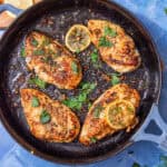 Tender cast iron chicken breasts seared to golden perfection in a skillet, garnished with fresh parsley, herbs, and lemon slices on a blue tile background.