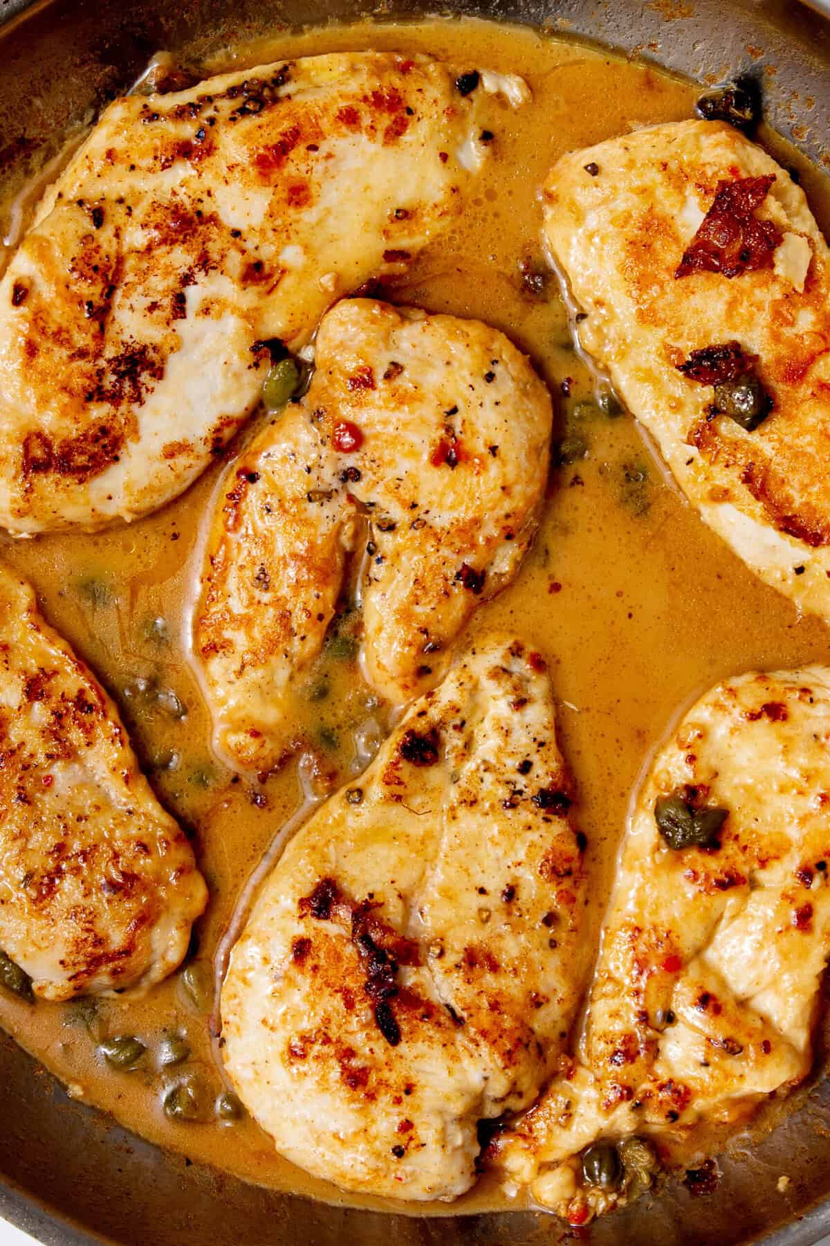 Close-up of chicken piccata in a buttery lemon sauce with capers and fresh parsley.