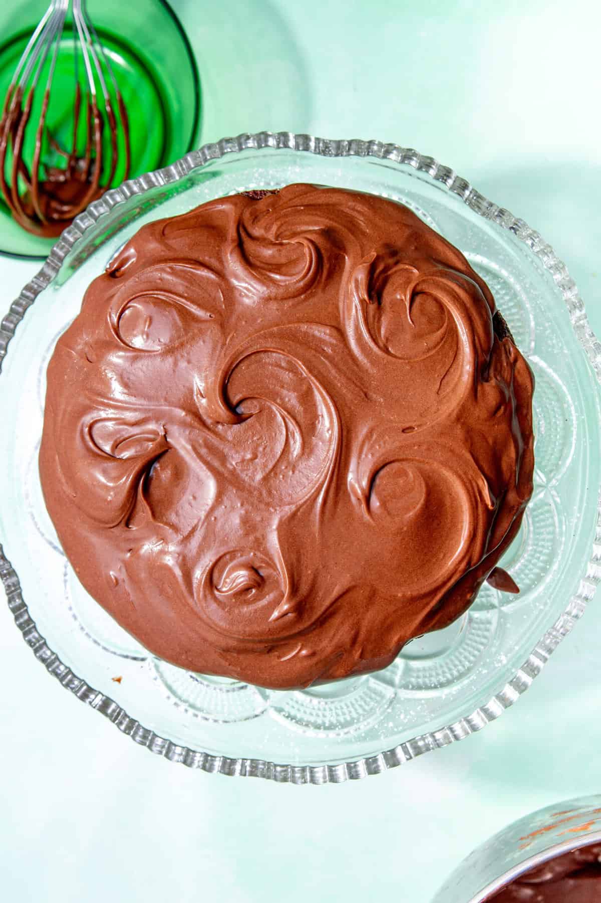 Chocolate cream cheese frosting on a chocolate cake.