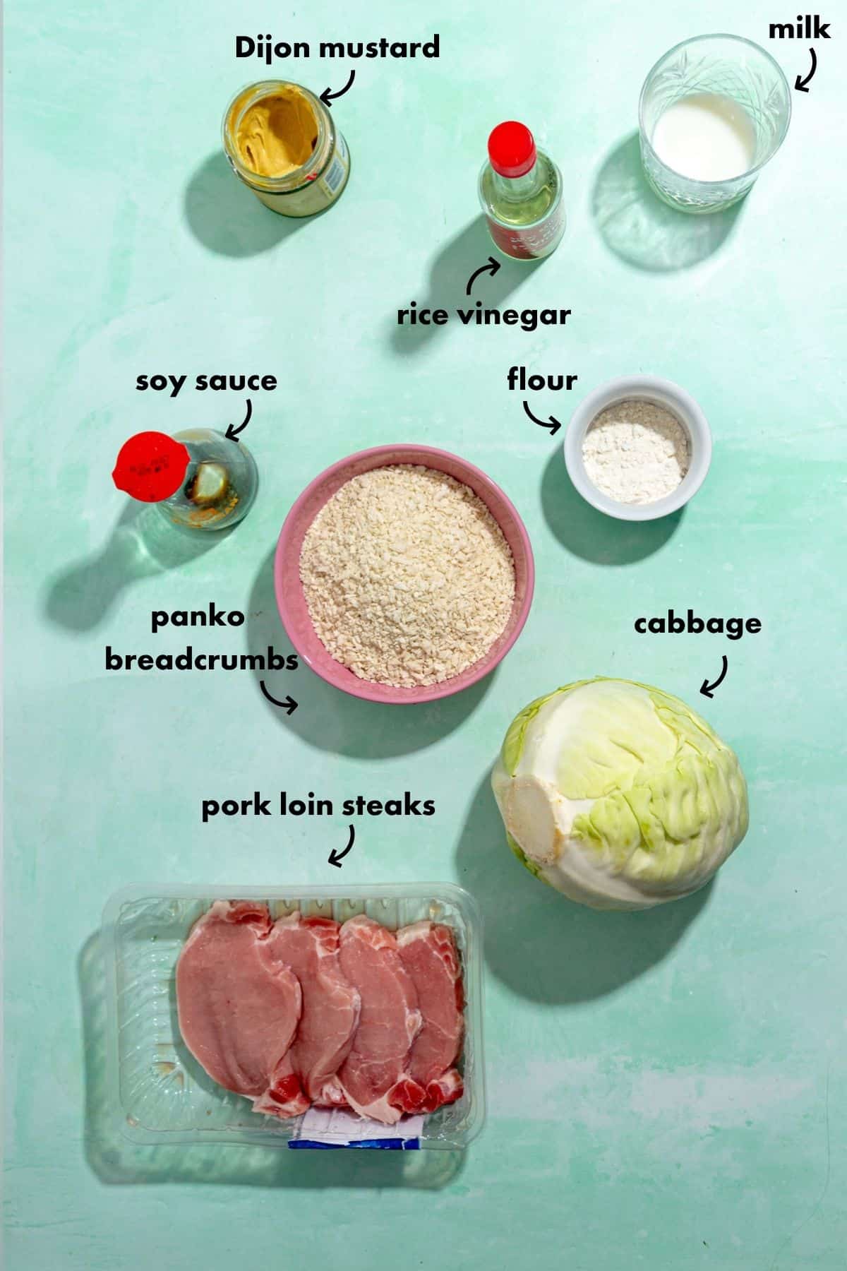 A flat lay of ingredients on a green surface: Dijon mustard, milk, soy sauce, rice vinegar, flour, panko breadcrumbs, cabbage, roasted corn, and packaged pork loin steaks—all labeled with text.