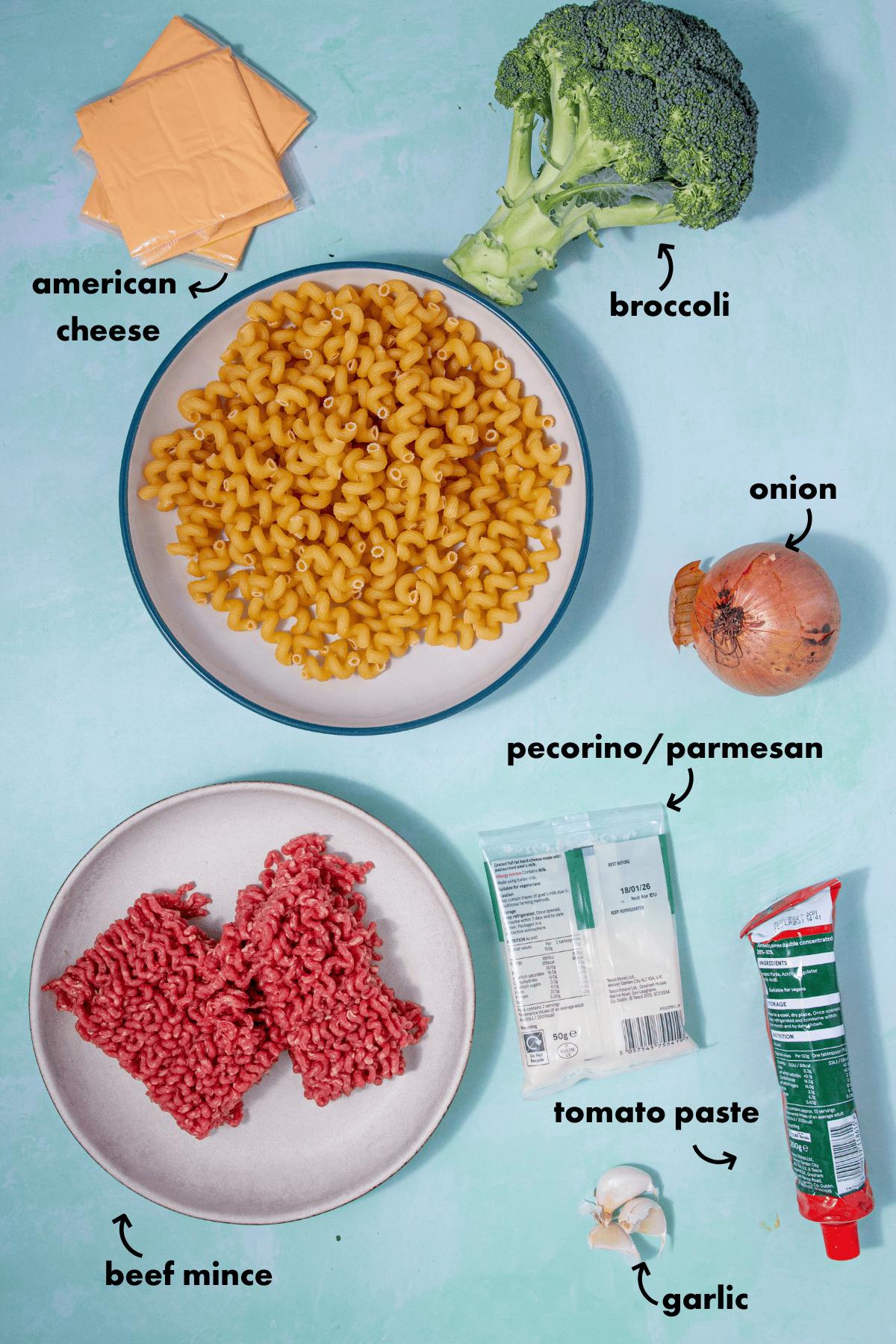 A flat lay of ingredients for mince pasta on a blue surface: American cheese, broccoli, elbow macaroni, onion, pecorino/parmesan cheese, tomato paste, garlic cloves, and raw beef mince, each labeled with text.