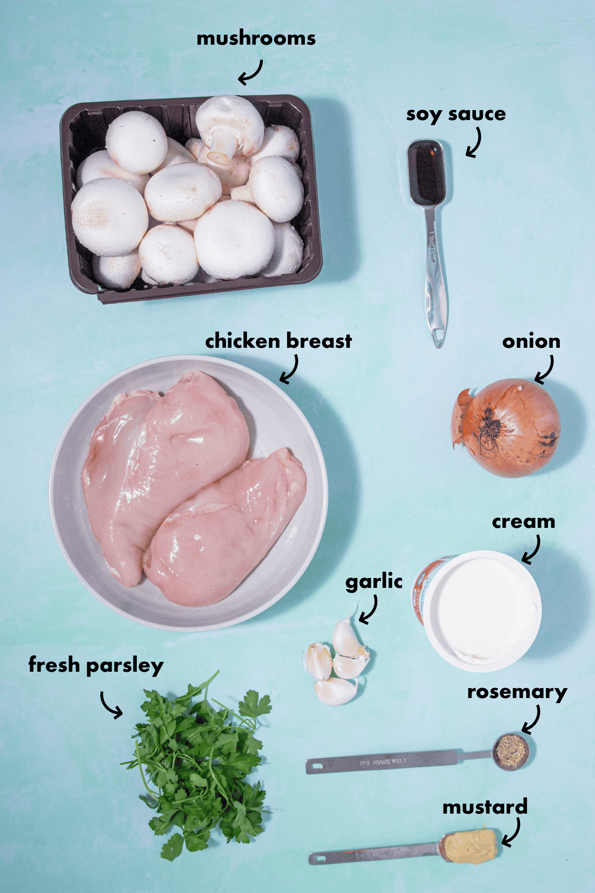 Flat lay of labeled ingredients for cream of mushroom chicken on a light surface: mushrooms, soy sauce, chicken breast, onion, cream, garlic, fresh parsley, rosemary, and mustard—each arranged separately with hand-drawn labels and arrows.