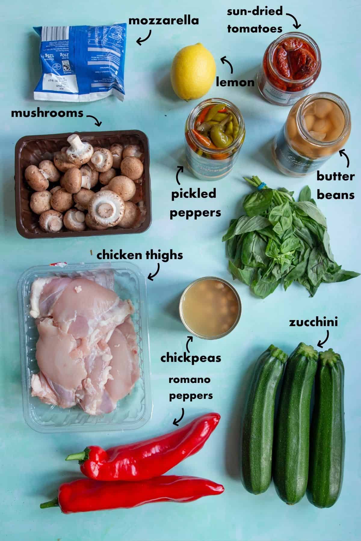 A flat lay of ingredients for a dense bean salad, featuring mozzarella, sun-dried tomatoes, lemon, mushrooms, pickled peppers, butter beans, chicken thighs, basil, zucchini, chickpeas, and romano peppers with handwritten labels.