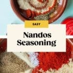 A bowl filled with various colorful ground spices, including red, brown, and green shades, with a spoon resting inside. The text overlay reads: Easy Nandos Seasoning—perfect for adding bold flavor to your next pork cutlet.
