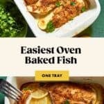 A white baking dish with seasoned, baked fish fillets on top of lemon slices, garnished with fresh parsley, sits on a green surface. Text reads: Easiest Baked Fish. One Tray.