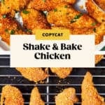 Two images of crispy, golden-brown Shake and Bake Chicken tenders: one on a plate with fresh herbs, the other cooling on a wire rack. Text overlay reads “Copycat Shake & Bake Chicken.”.