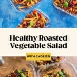 Glass containers filled with Mediterranean Pasta Salad—penne with roasted vegetables and chorizo, garnished with basil—are arranged on blue and wooden surfaces. Text reads: “Healthy Roasted Vegetable Salad with Chorizo.”.