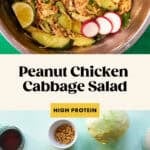 A vibrant bowl of Peanut Chicken Cabbage Salad with lime, radish, cucumber, and fresh herbs sits above a flat lay of crisp ingredients. Text reads Peanut Chicken Cabbage Salad – High Protein.