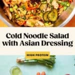 A Cold Noodle Salad with shredded chicken, sliced cucumbers, carrots, edamame, and green onions is served above a fresh layout of ingredients—carrots, cucumber, bell pepper, green onion, oil, and a small bowl of dressing.