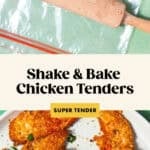 A rolling pin crushes breading in a plastic bag above a plate of crispy, golden Shake and Bake Chicken tenders. The text reads, Shake & Bake Chicken Tenders, Super Tender.
