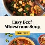 Top view of a pot and bowl filled with hearty Beef Minestrone Soup featuring pasta, beans, vegetables, and kale, with a serving spoon, a slice of bread, and a small bowl of red pepper flakes on the side.