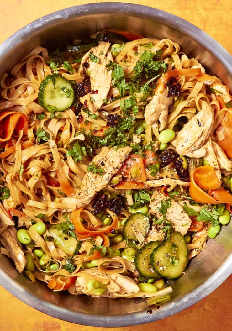 A bowl of noodle salad with shredded chicken, sliced cucumber, carrot ribbons, edamame, roasted corn, herbs, and a dark sauce, all mixed together on a bright orange background.