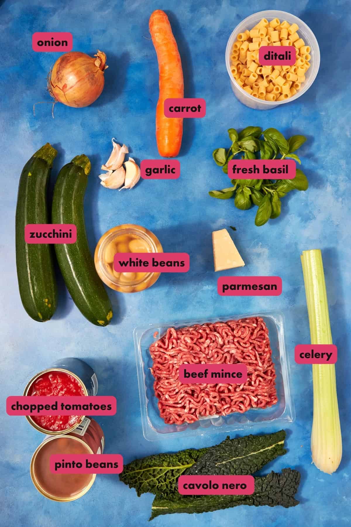 Flat lay of Beef Minestrone Soup ingredients on a blue surface, each labeled: onion, carrot, ditali pasta, zucchini, garlic, fresh basil, parmesan, white beans, celery, beef mince, chopped tomatoes, pinto beans, and cavolo nero.