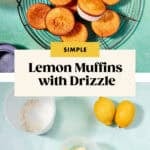 A wire rack holds several round lemon muffins. Below, ingredients like flour, lemons, eggs, butter, and milk are arranged on a light surface. Text reads Lemon Muffins with Drizzle and www.beatthebudget.com.