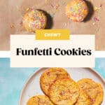 Overhead view of unbaked and baked Funfetti Cookies with colorful sprinkles. Unbaked Funfetti cookie dough balls rest on brown paper, while baked cookies are arranged on a blue plate. Text reads: “Chewy Funfetti Cookies www.beatthebudget.com”.