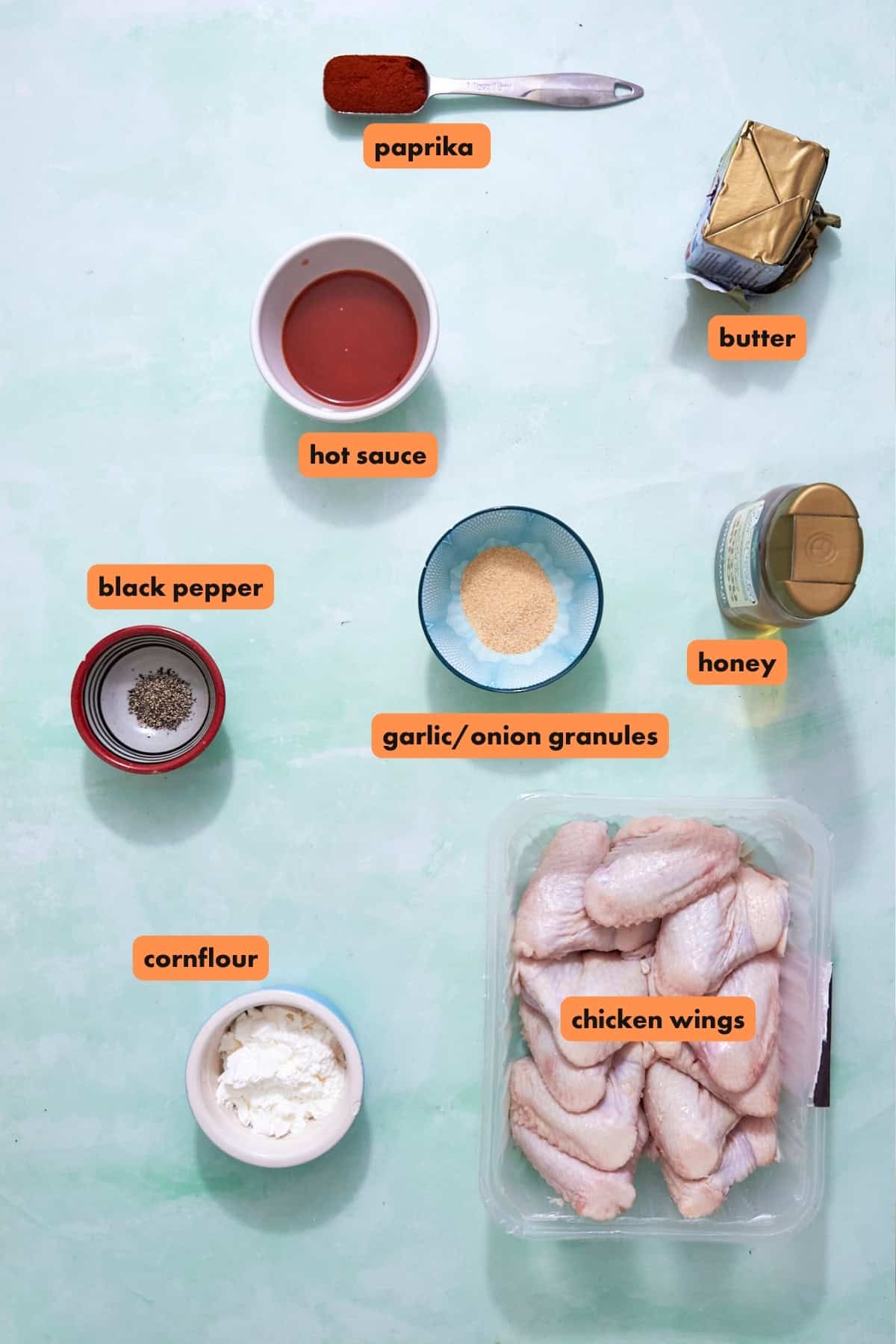 Top-down view of labeled ingredients for baked chicken wings: paprika, butter, hot sauce, black pepper, garlic/onion granules, honey, cornflour, and raw chicken wings on a light green background.