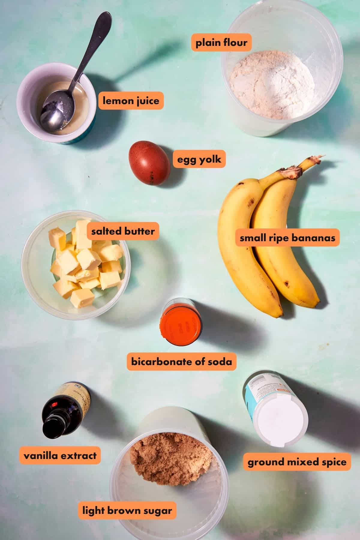 Ingredients for baking lemon muffins are arranged on a green surface, each labeled: plain flour, lemon juice, egg yolk, small ripe bananas, salted butter, bicarbonate of soda, vanilla extract, light brown sugar, and ground mixed spice.