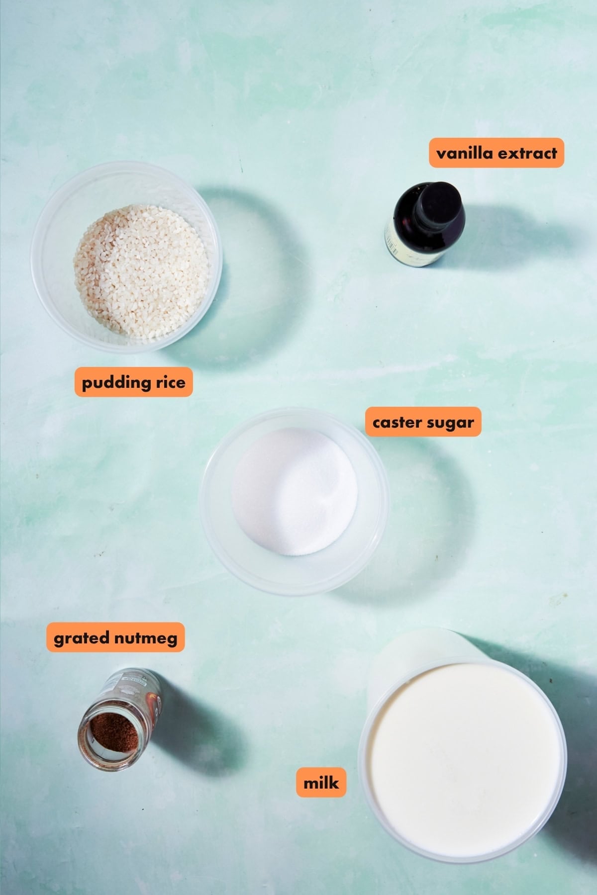 A flat lay of ingredients for rice pudding on a light blue surface—plus hints for lemon muffins—included are pudding rice, caster sugar, milk, vanilla extract, and grated nutmeg. Each item is neatly labeled.