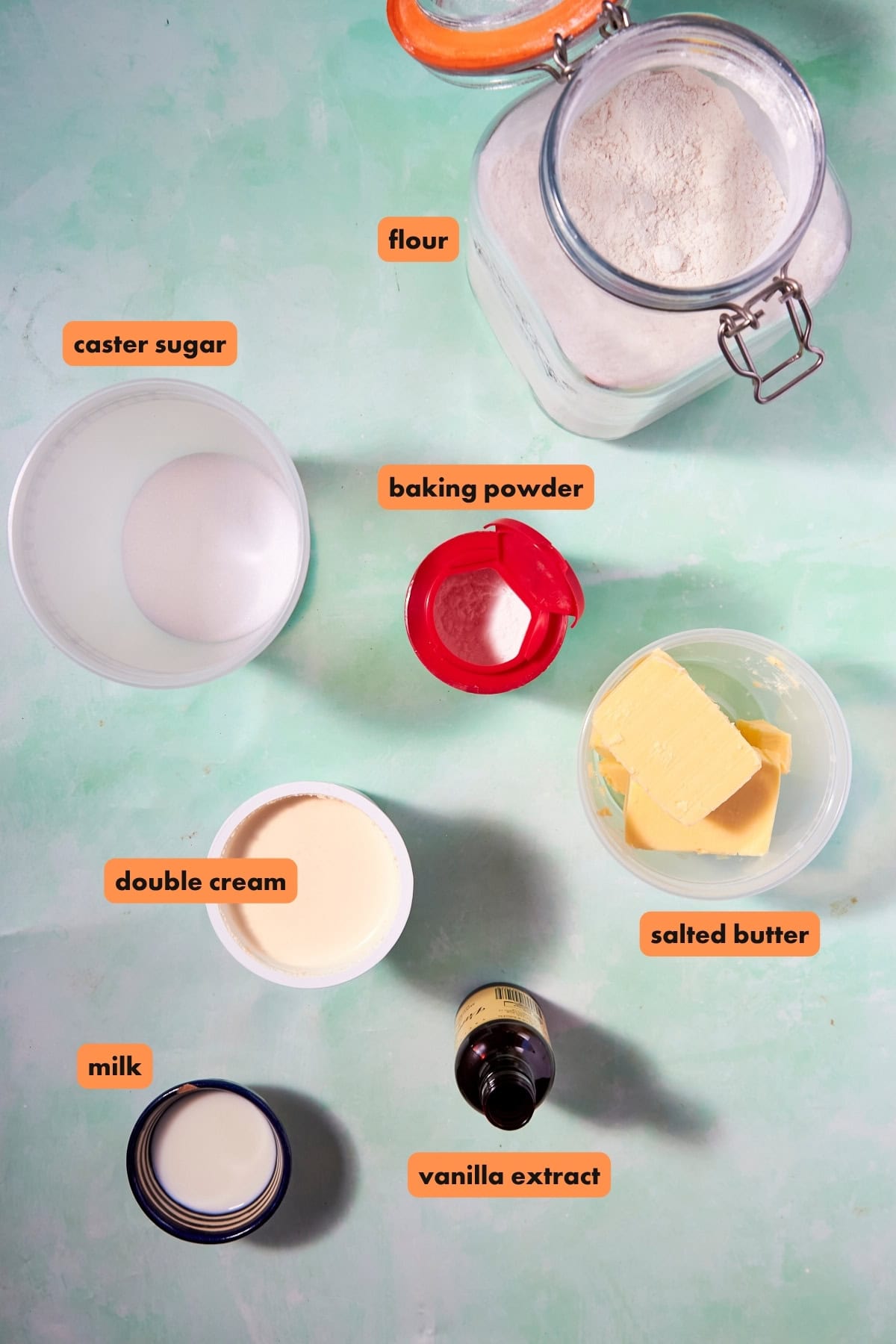 Top-down view of baking ingredients for lemon muffins on a light green surface, each labeled: flour in a glass jar, caster sugar, baking powder in a red container, salted butter, double cream, milk in a small cup, and a bottle of vanilla extract.