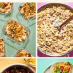 A collage showcasing four vibrant recipes using corn, from pasta to salads and tacos. The top text reads “Most Popular Recipes Using Corn” on a cream background.