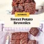 A stack of three sweet potato brownies on a plate, with a batch of cut sweet potato brownies on parchment paper beside a butter knife. Text reads: Ultimate Sweet Potato Brownies and www.beatthebudget.com.