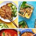 A collage of four ground pork recipes: noodles with cucumbers, pasta with greens and lemon, tomato-based stew in a skillet, and a skillet of rice with vegetables. Title above reads “Most Popular Ground Pork Recipes.”.