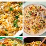 A collage of four sweetcorn dishes: a cheesy baked casserole, a creamy corn and vegetable skillet, a rice dish with shrimp and corn, and sautéed corn topped with cheese and herbs. Text reads Best Recipes Using Corn.
