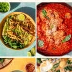 A collage of four ground pork recipes: noodle soup with greens and lime, tomato basil pasta, herbed rice dish, and a creamy skillet meal with spinach and mushrooms. Text reads Ultimate List: Recipes with Ground Pork.
