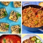 A collage of four ground pork recipes: pasta bakes in glass containers, a skillet of rice with jalapeños, a bowl of tomato-based stew with basil, and noodles with cucumber salad. Text reads Top Ground Pork Recipes.