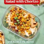 Glass containers filled with sweetcorn pasta salad topped with chorizo, green onions, and cheese, set on a green surface. Text on image reads “Sweetcorn Pasta Salad with Chorizo” and highlights this viral sweetcorn pasta salad recipe.