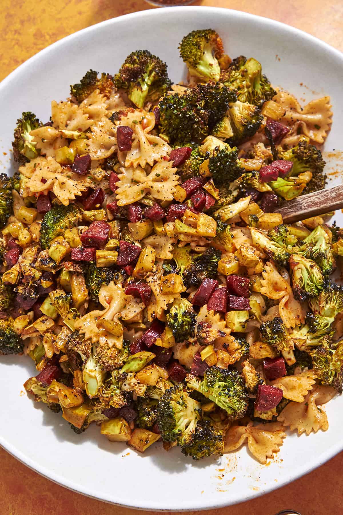 Broccoli stalk pasta with chorizo in meal prep containers ready for the week