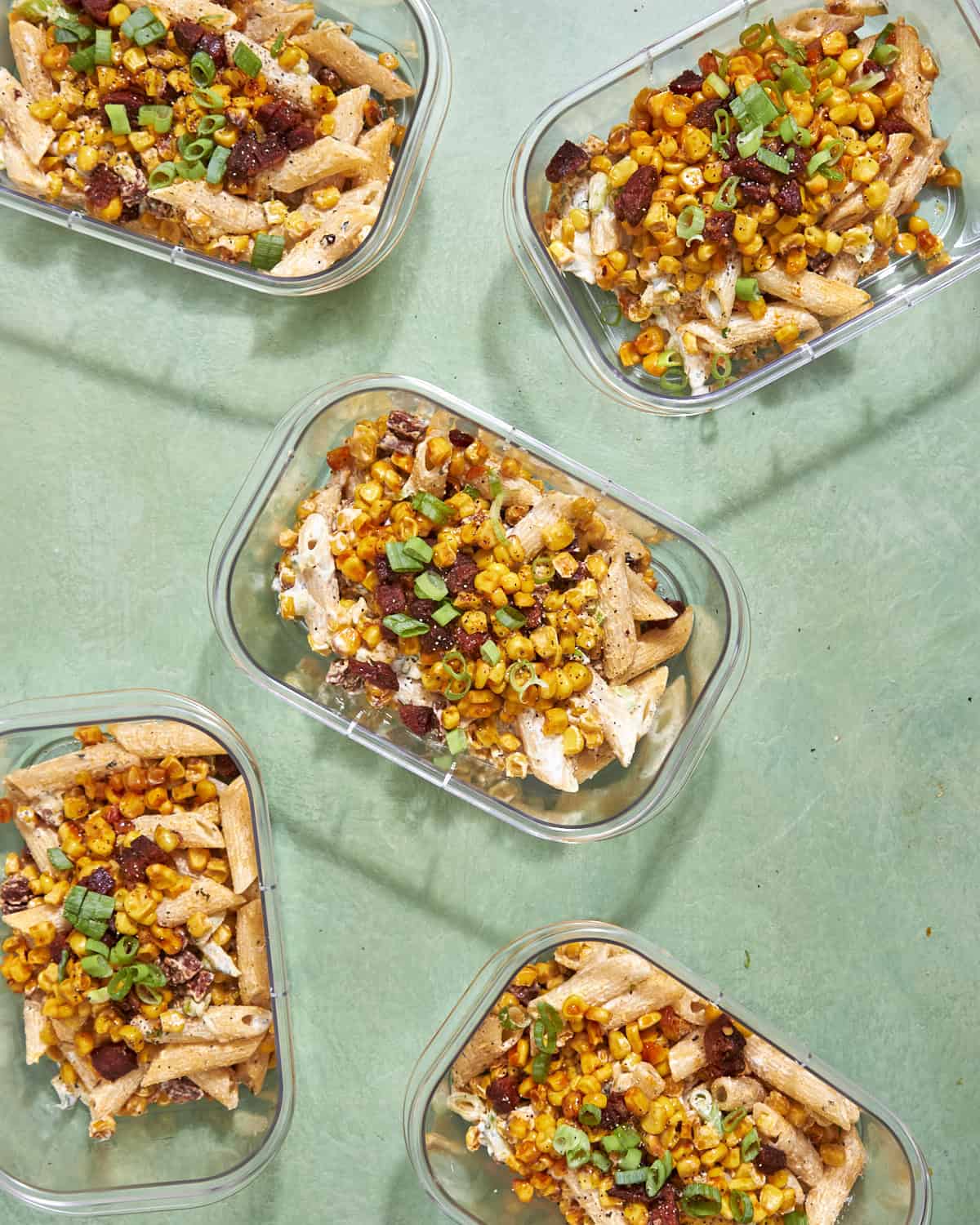 Creamy sweetcorn pasta salad with chorizo in meal prep containers