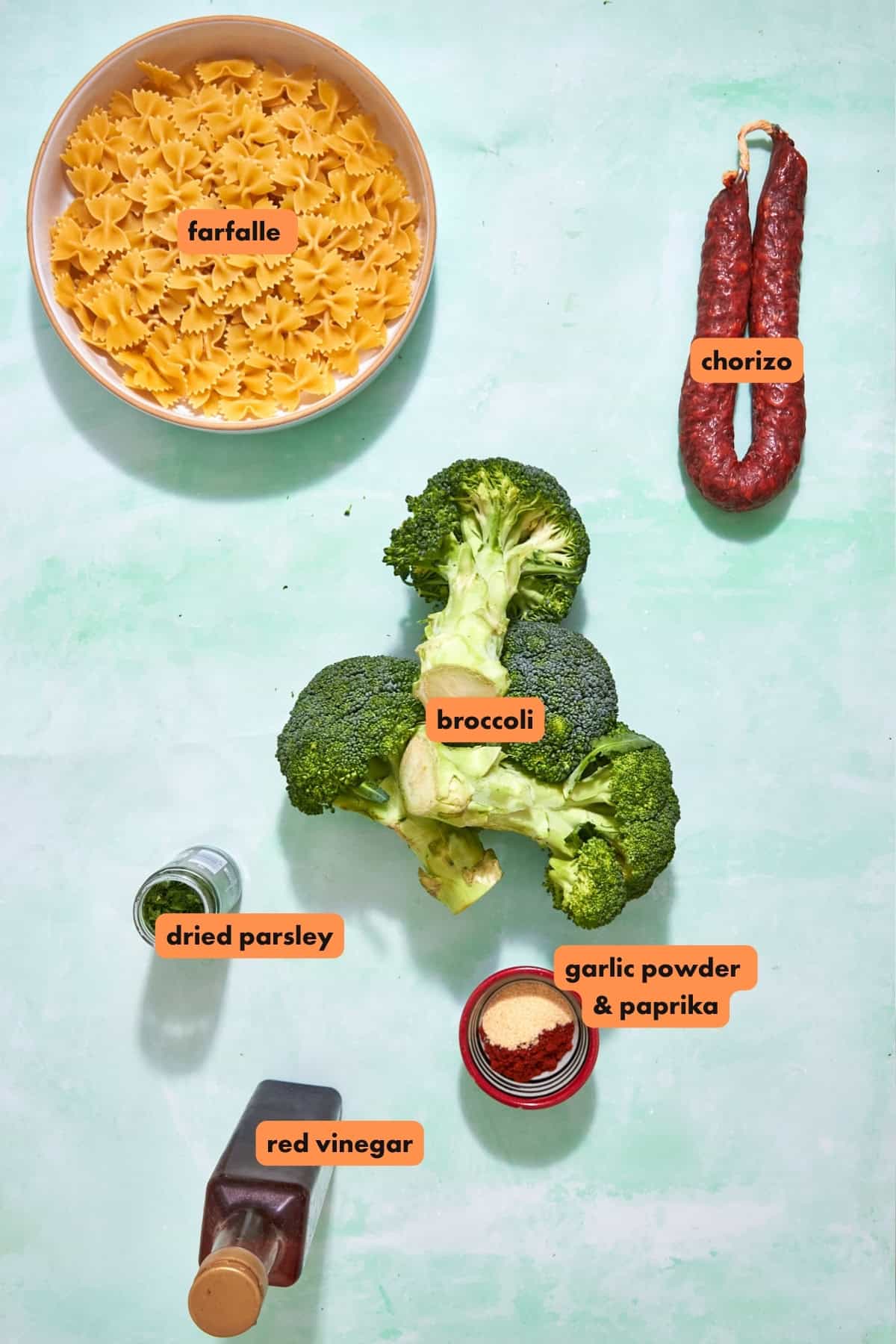 A bowl of uncooked farfalle pasta, broccoli stalks, two chorizo sausages, jars of dried parsley and garlic powder with paprika, and a bottle of red vinegar sit on a green background. Labels clearly identify each ingredient.