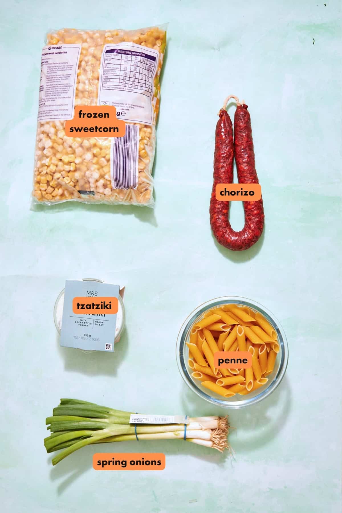 Ingredients for sweetcorn pasta salad with chorizo laid out flat