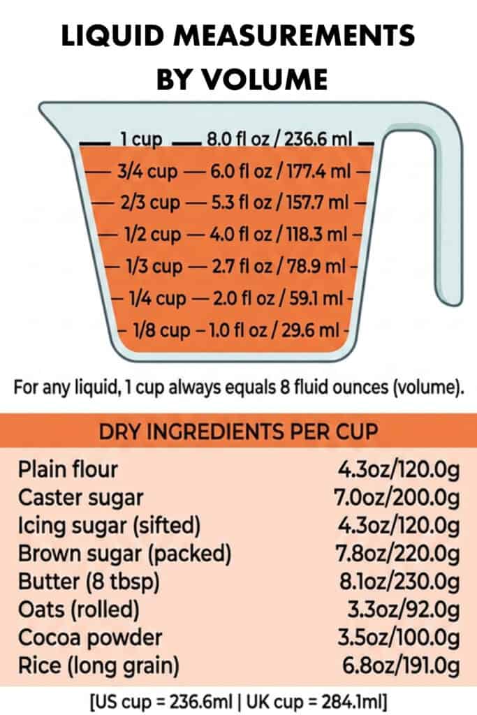 A chart showing liquid measurements by volume in cups, fluid ounces, and milliliters, plus a table of dry ingredient weights per cup for flour, sugars, butter, oats, and cocoa powder. US and UK cup sizes are noted.