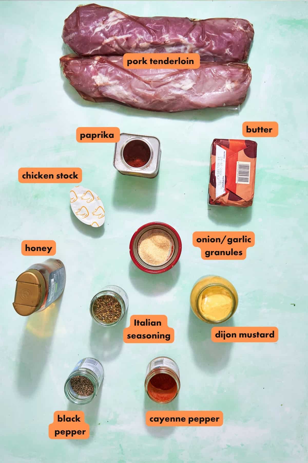 Ingredients for pork tenderloin in the oven laid out flat
