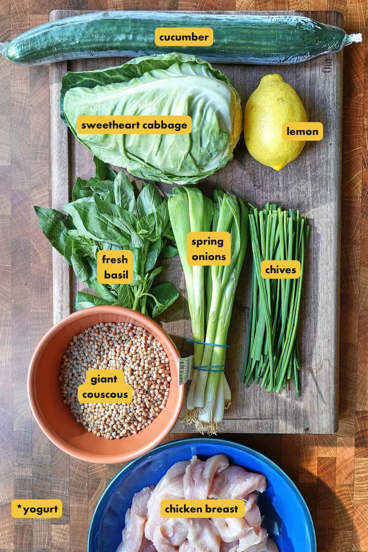 Ingredients for green goddess chicken salad laid out ready to prep