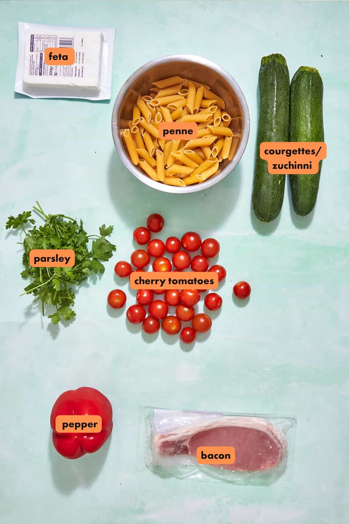 Top-down view of ingredients on a green surface: a block of feta, a bowl of penne pasta, two courgettes/zucchini, a bunch of parsley, cherry tomatoes, a red pepper, and a strip of bacon, each labeled.