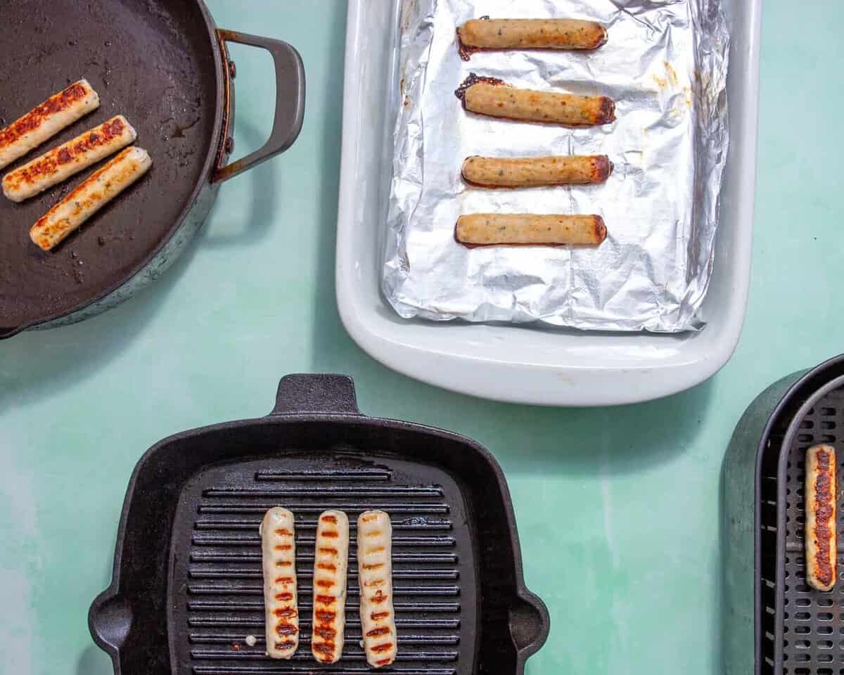 chicken sausage cooked four ways, in the air fryer, in the oven, in a pan, and on a grill.