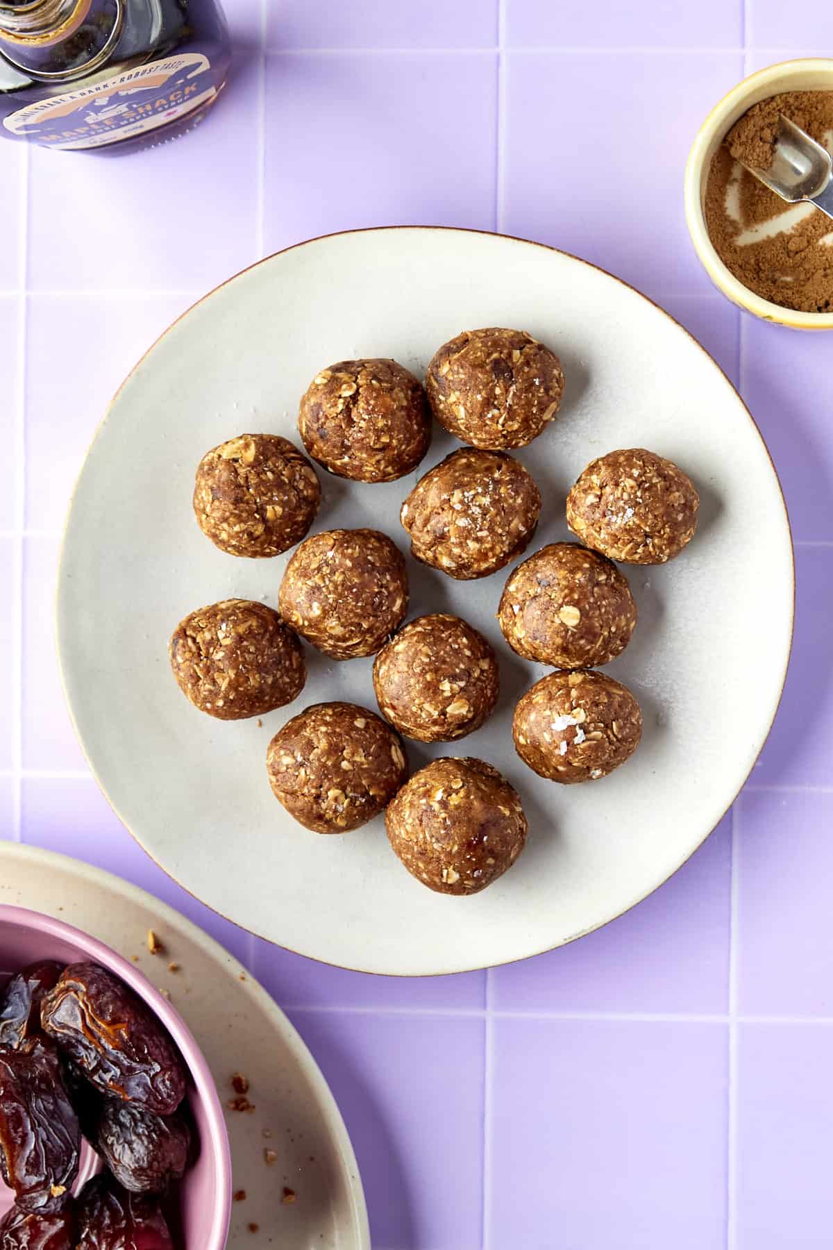 Close-up of energy balls with dates, showing their soft, chewy texture.