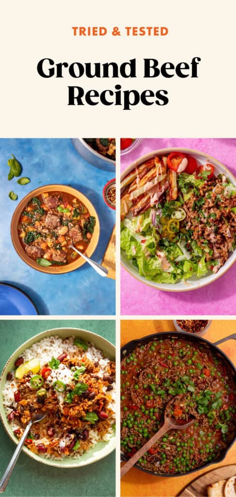 Four colorful dishes featuring ground beef shine in this delicious lineup of ground beef recipes: a soup with greens, a salad with veggies, a rice bowl with sauce, and a pea and beef stew. Each bowl is set against a bright, contrasting background.