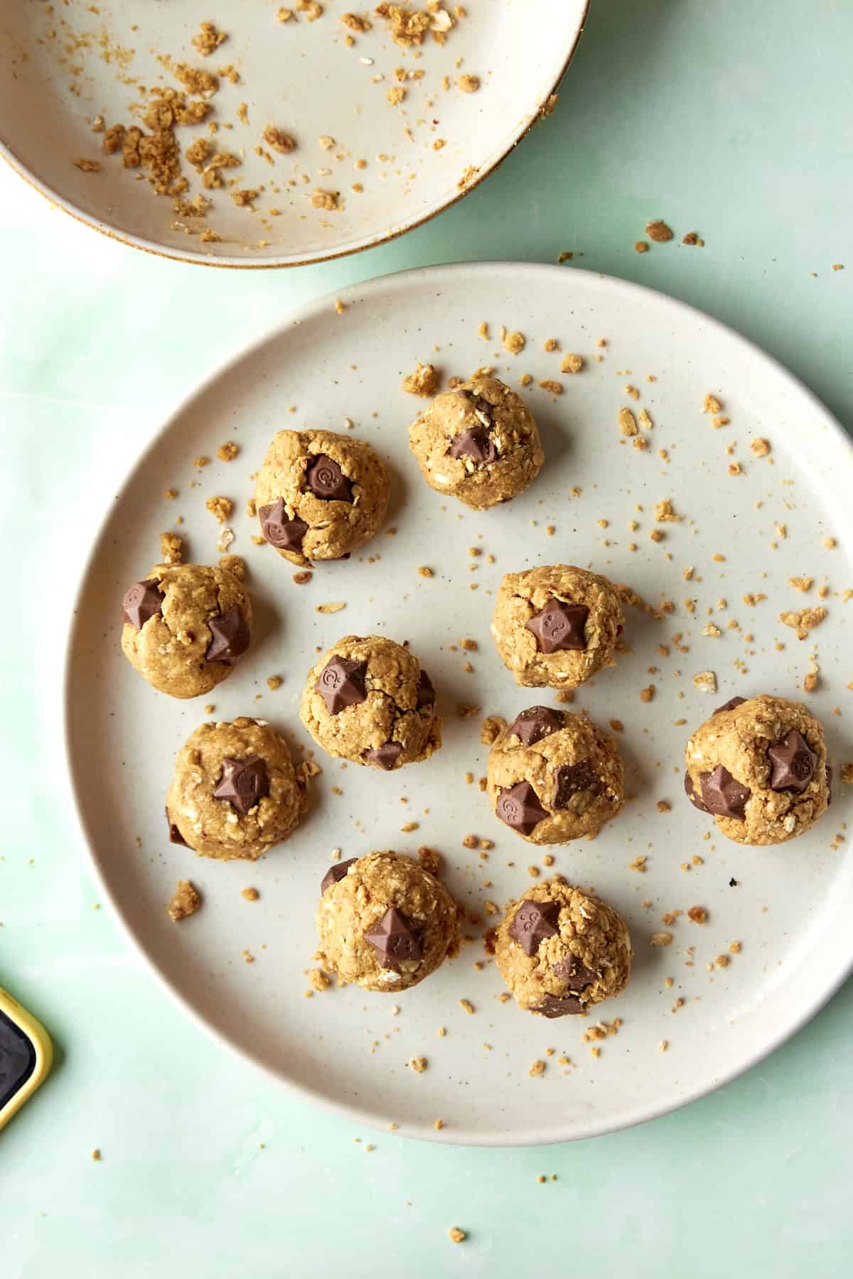 Protein ball dough rolled into twelve balls, ready to chill.