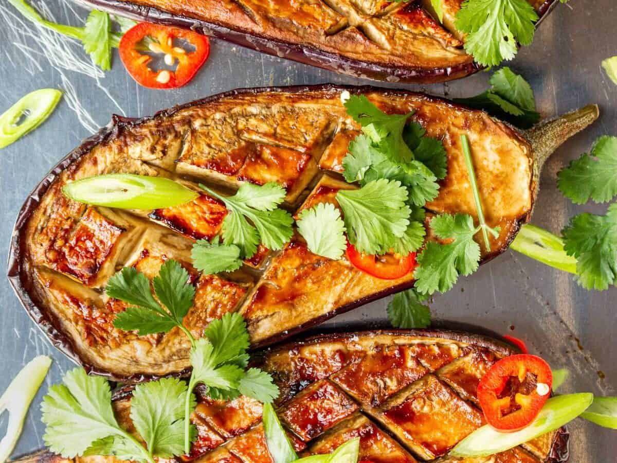 Miso aubergines on a baking tray
