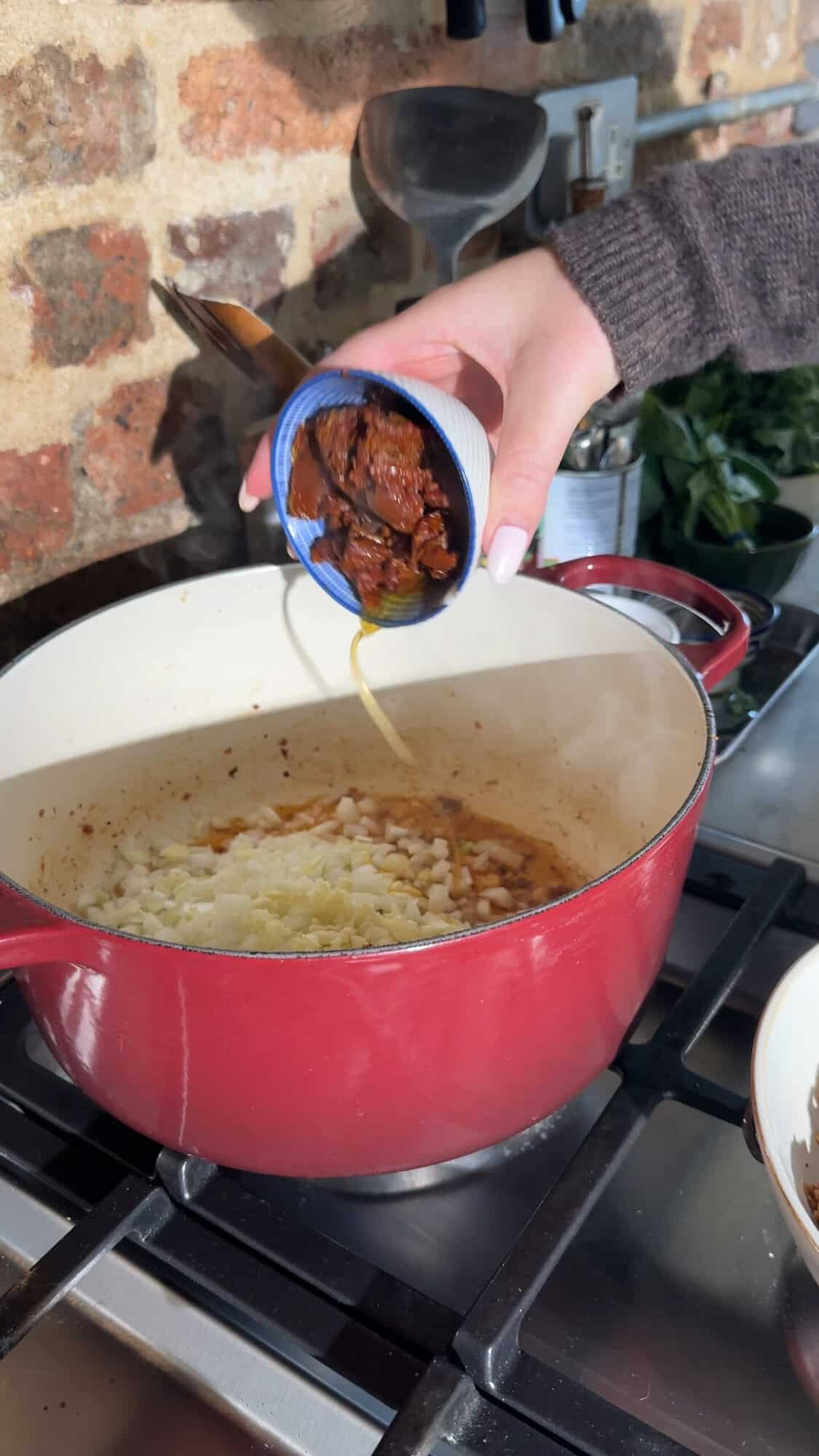 Onion, garlic and sundried tomatoes softening in the pot.