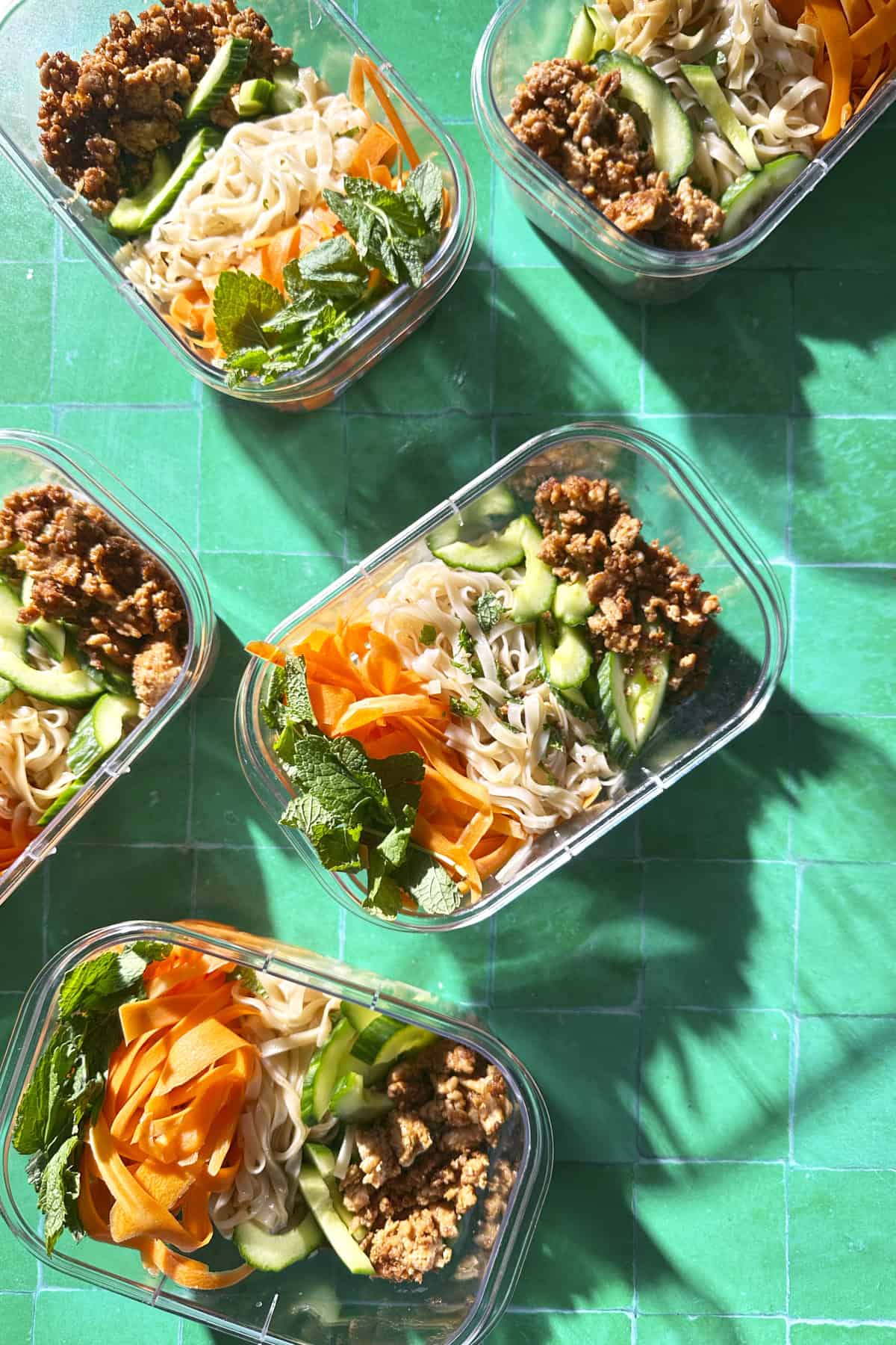 Overhead view of glass containers filled with carrot ribbons, rice noodles, sticky chicken mince and fresh mint.